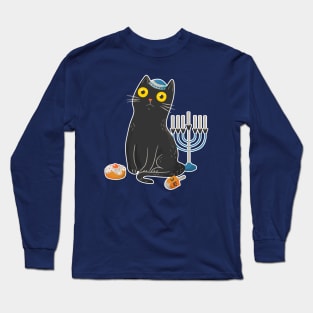 Intense Gaze Black Cat in Hanukkah Long Sleeve T-Shirt